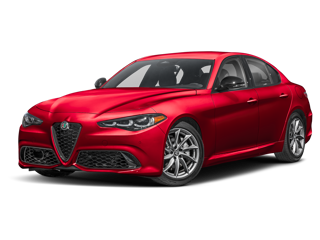 A shiny red sedan angled slightly left. The front grille has a circular Alfa Romeo logo.
