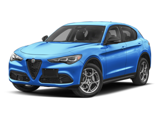 A bright blue 2023 Alfa Romeo Stelvio SUV, angled slightly to the left.