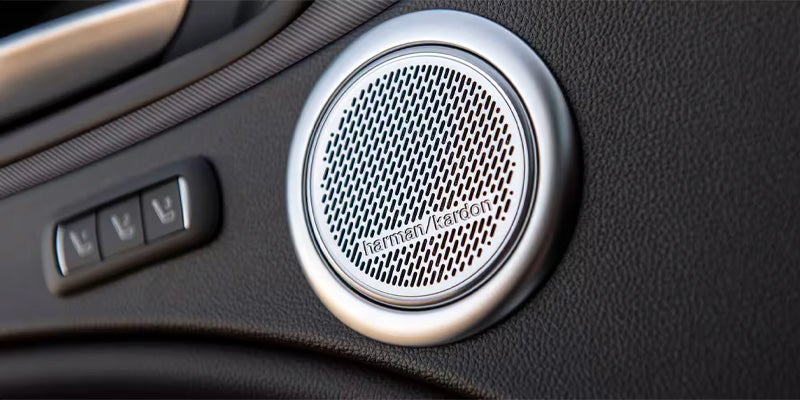 Close-up of a Harman Kardon speaker and seat memory buttons in a car