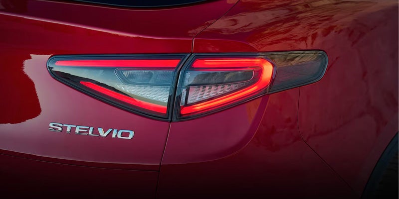 Close-up of the rear LED taillight and "STELVIO" model badging