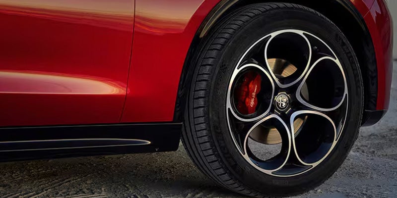 Close-up of the black circular spoke wheel and red brake caliper.